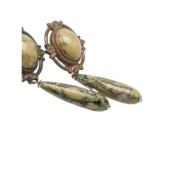 Beige Jasper Dangle Drop Earrings Brass Tone Clip-On Closure Vintage - Picture 3 of 5